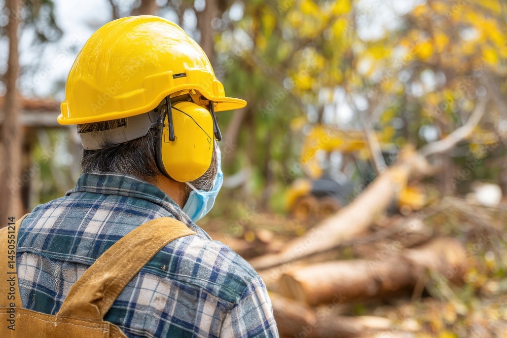 Poster a lumberjack in safety gear oversees logging operations, ensuring safety protocols are followed on a