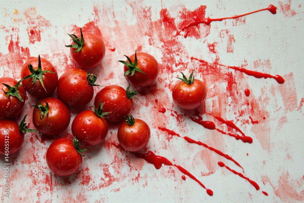 Poster isolated tomato splatters create elegant chaos on a textured canvas background, showcasing abstract 
