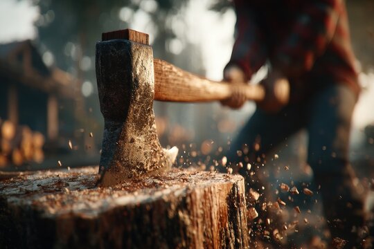 A close-up of an axe embedded in a tree stump, with a blurred figure in the background swinging axe, showcasing woodworking skills and lumberjack themes, and outdoor work.