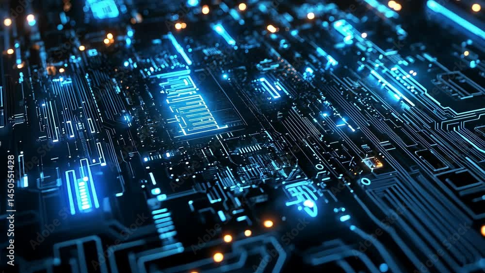 Poster dynamic flow of glowing circuitry with pulsating lights in a futuristic setting