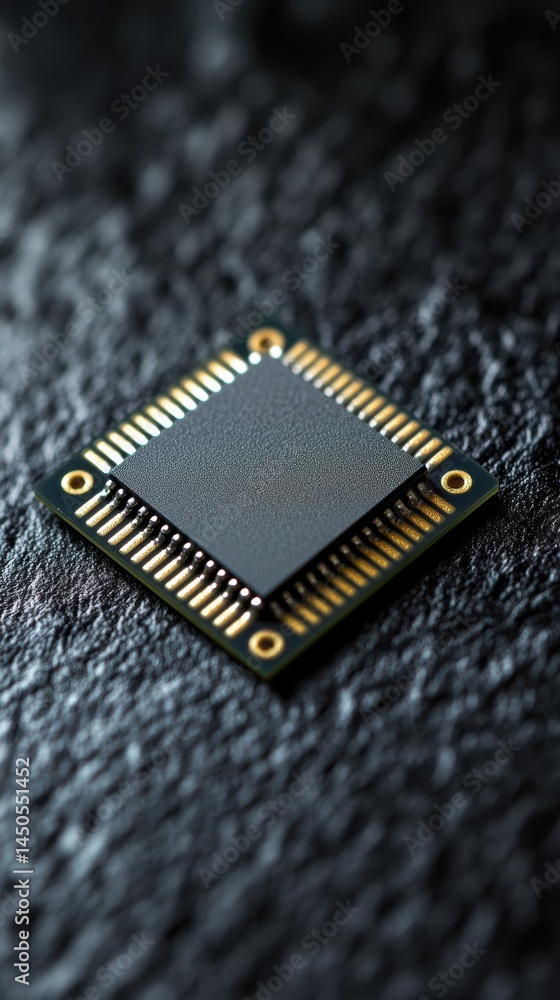 Poster macro close-up of a sleek silver ai microchip showcasing intricate details on a smooth black matte b