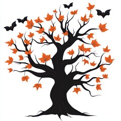 Obraz premium vector design of a scary tree with orange leaves standing among flying bats on a white background