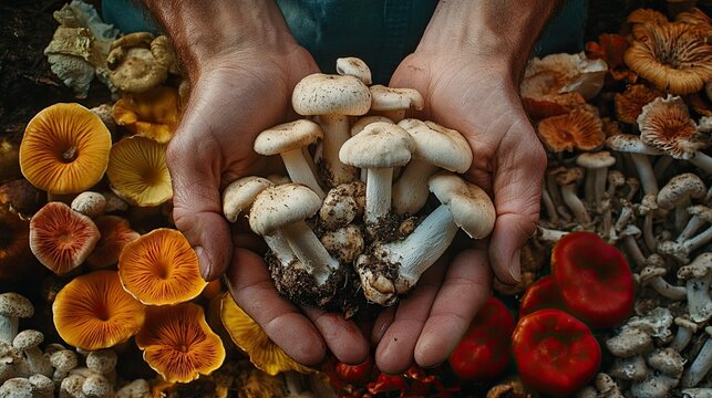 Hands Holding Mushrooms, Promoting Luxury Mushroom Creations, Showcasing Culinary Expertise, Gourmet Cooking, and Organic Ingredients.