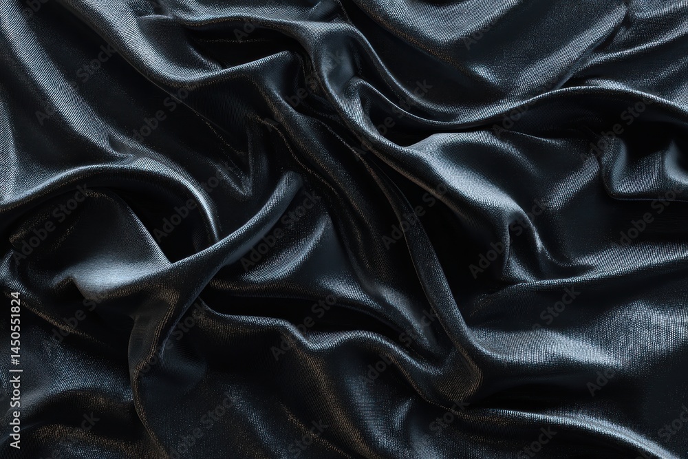 Poster close-up of luxurious black satin fabric with elegant folds and smooth texture, creating a sophistic