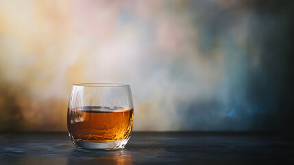 Whiskey on the Rocks: A single glass of amber-colored whiskey on the rocks stands alone against a blurred backdrop of swirling colors. The image captures the essence of indulgence, relaxation.