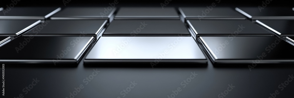 Poster macro close-up of a silver ai microchip highlighting intricate details against a matte black backgro