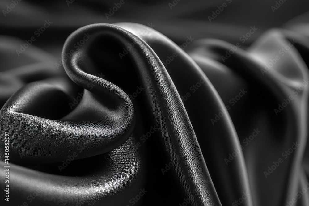 Poster elegant black silk fabric draping with soft folds and subtle sheen, creating a luxurious, smooth tex