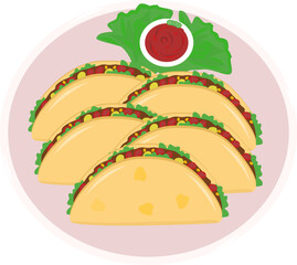 Delicious Tacos Illustration: Four Crispy Tacos with Salsa and Lettuce
