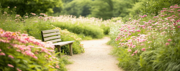 View on a wild garden with the blooming flowers on both sides of the footpath and a tiny bench waits at the curve. Spring in nature.