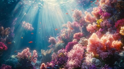 Fototapeta premium Vibrant Coral Reef Underwater Scene With Sunlight
