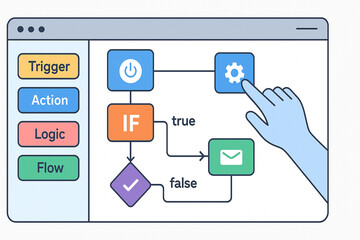 N8n : workflow automation interface with trigger action logic and flow blocks showing true and false conditions and hand pointing at gear icon