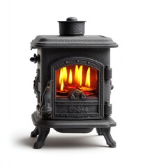 Small cast iron wood-burning stove with a fire.  Detailed view of the flames and glowing embers