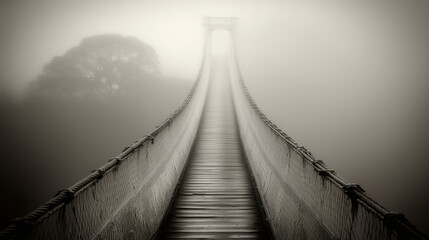 Mystical Foggy Bridge Suspended Over Enigmatic Landscape in Mist