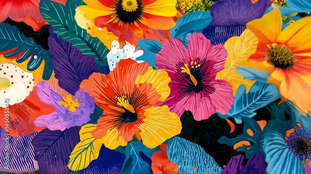Poster vibrant floral bloom animation showcasing dynamic color transitions and botanical patterns