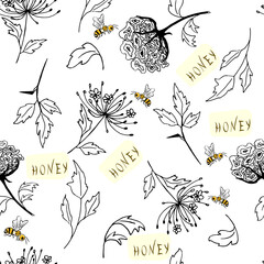 Seamless pattern of decorative wild flowers and leaves black and white. Bees, honey. Vector illustration on white background.