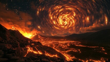 Volcanic landscape with swirling vortex of fire in night sky