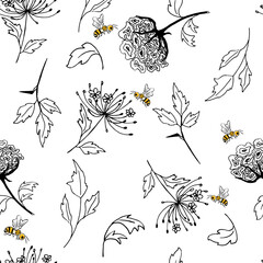 Seamless pattern of decorative wild flowers and leaves black and white. Bees, honey. Vector illustration on white background.