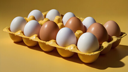 Close up of assorted fresh eggs inside a yellow carton on a yellow background in soft daylight