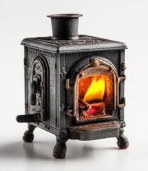 Miniature black stove with a bright flame.  Detailed metal construction, showing aged and warm tones