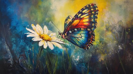 Fototapeta premium Vibrant butterfly feeding on a daisy in a colorful landscape painting.