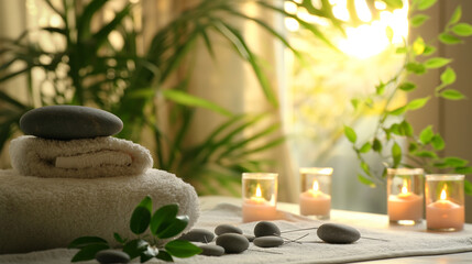 serene and inviting spa setting designed to promote relaxation and tranquility, evoke feelings of calmness and well-being, typical of a spa or wellness retreat.