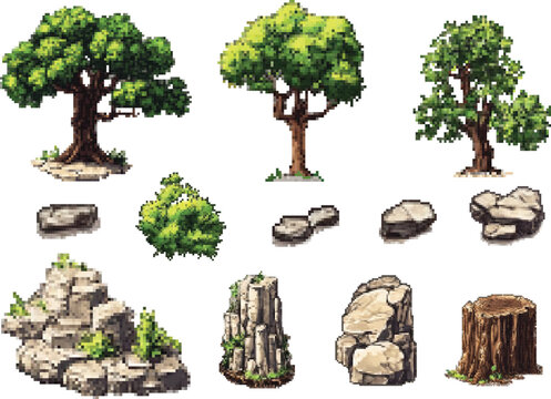 Set of pixel objects: trees, bushes, stones