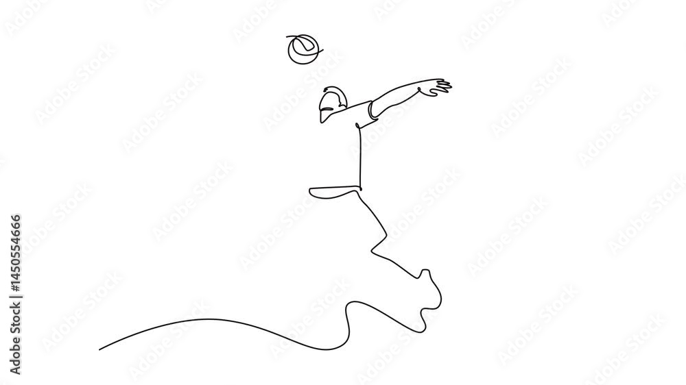 Poster animated self drawing of continuous line draw volleyball player in motion hitting ball with jump sma