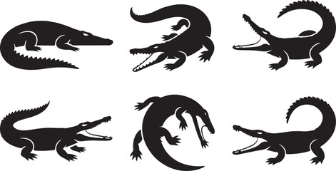 Obraz premium Crocodile Silhouette Vector Collection in Black Featuring Aggressive Poses for Wildlife Decor, Reptile Mascots, Jungle Art and Nature Designs