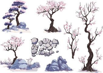 set of vector elements for the game trees, stones, sakura © Daria