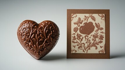 Heart-shaped chocolate box next to a heartfelt greeting card, thoughtful gifts, love and care, sweet sentiments, handmade presents, personal touches, romantic gesture.