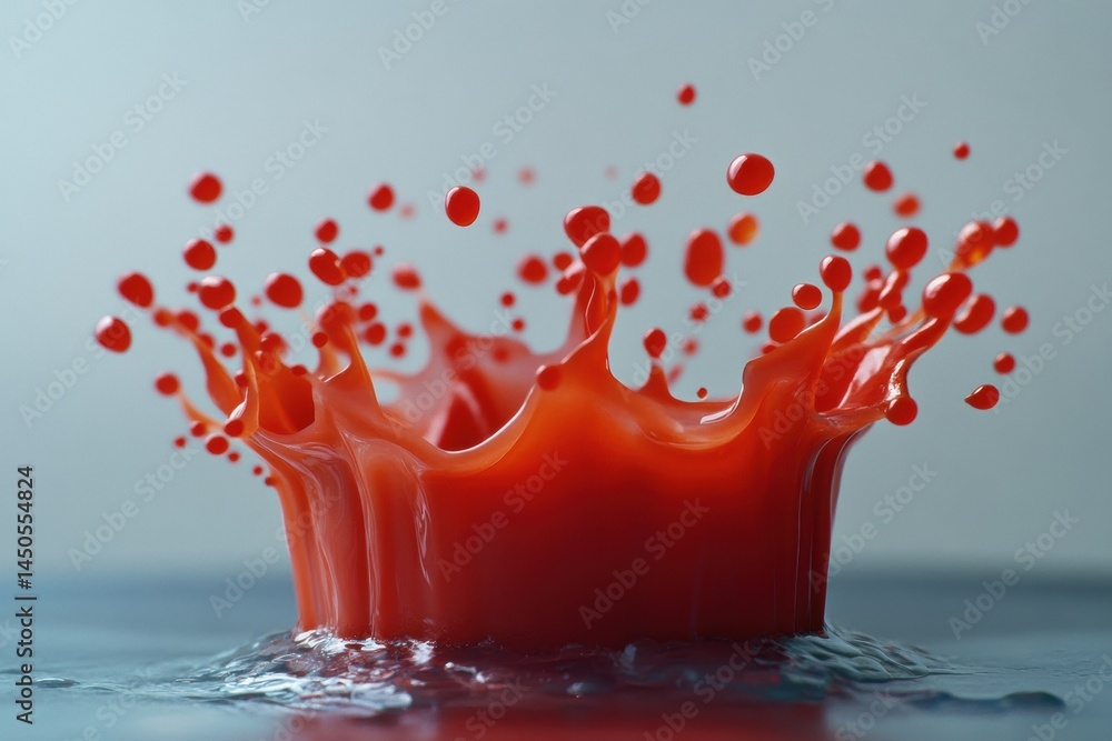 Poster macro shot of tomato juice explosion captured in ultra-realistic detail with droplets showcasing sha