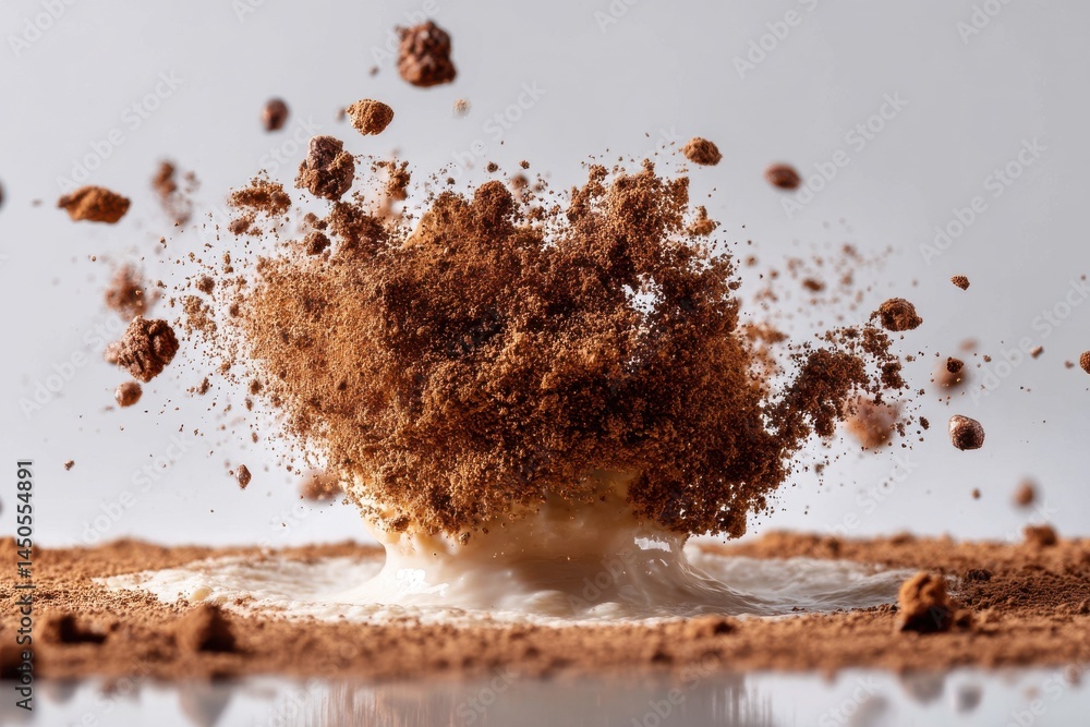 Poster dynamic action shot of cocoa powder explosion with milk splash, a high-speed collision, creating a m