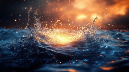 Dramatic water splash against a colorful sunset sky