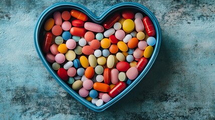 Heart-shaped pill box with colorful medication, daily health and wellness organization, ideal for medical or pharmaceutical designs