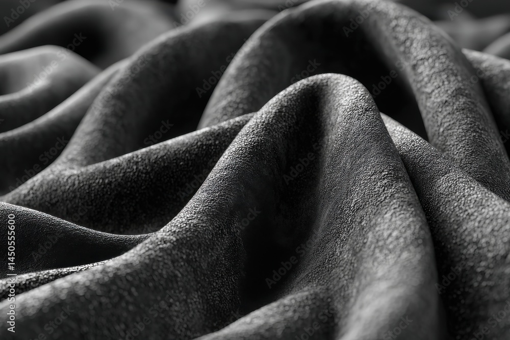 Poster close-up of textured gray fabric with deep folds, creating abstract patterns and shadows that evoke 