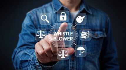 Person interacting with whistleblower concept icons.