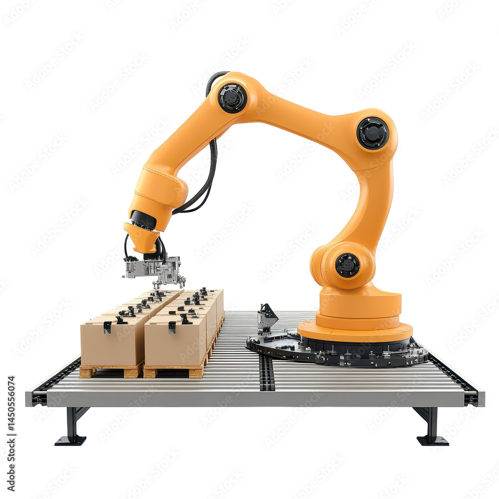 Poster a robotic arm assembling pieces of a high-tech gadget on a conveyor belt. isolated on white backgrou