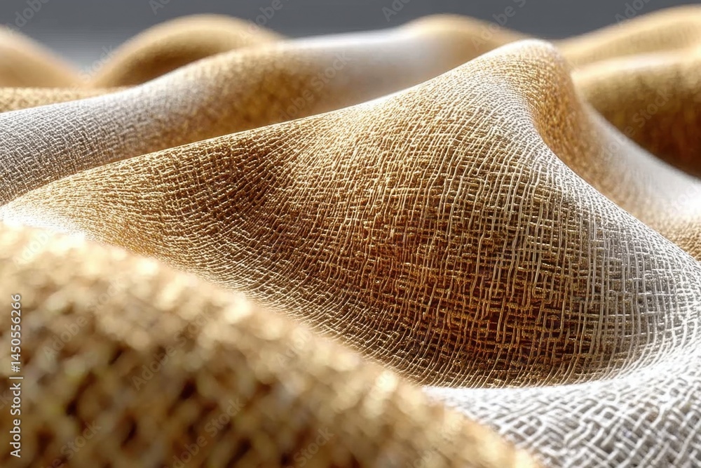 Poster a close-up view of a textured fabric with interlaced threads creating a wavy surface, exhibiting sha