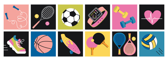 Colorful square icons set with ping pong, padel, tennis rackets, basketball, football, volleyball, dumbbell, running shoe, smartwatch and skateboard. Flat cartoon hand drawn vector illustration