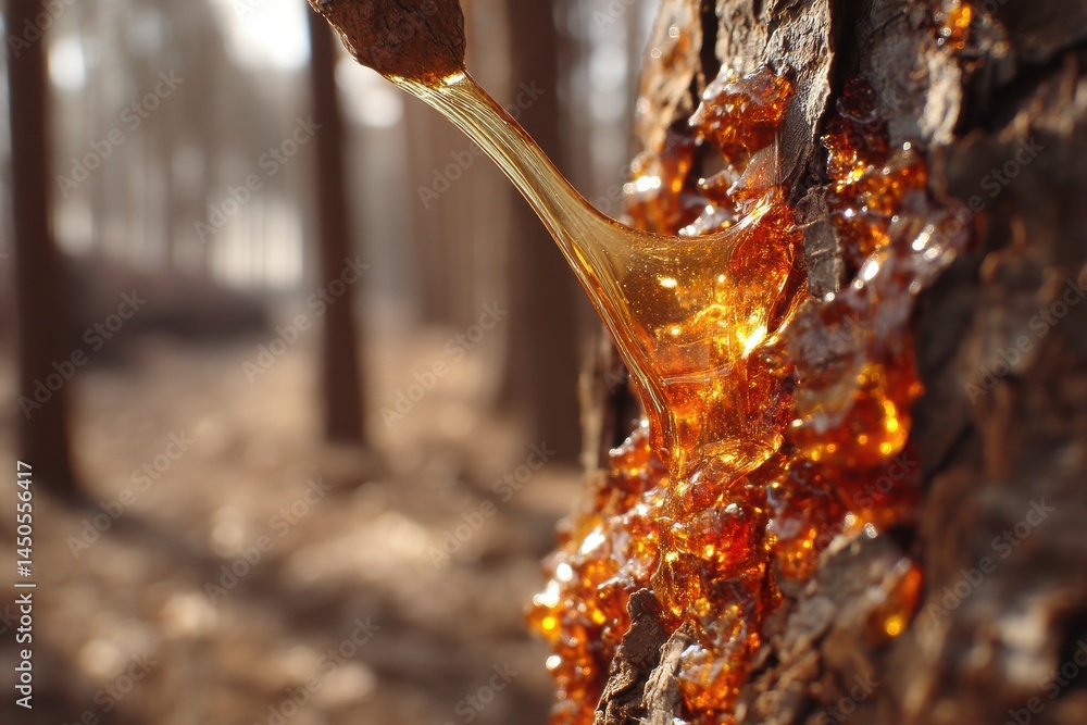 Poster close-up of amber resin dripping from a tree trunk in a forest, highlighting the intricate textures 