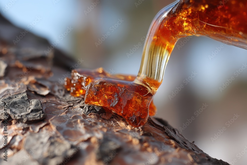 Poster close-up of golden resin dripping from a pine tree branch, creating a sticky, amber-colored blob wit