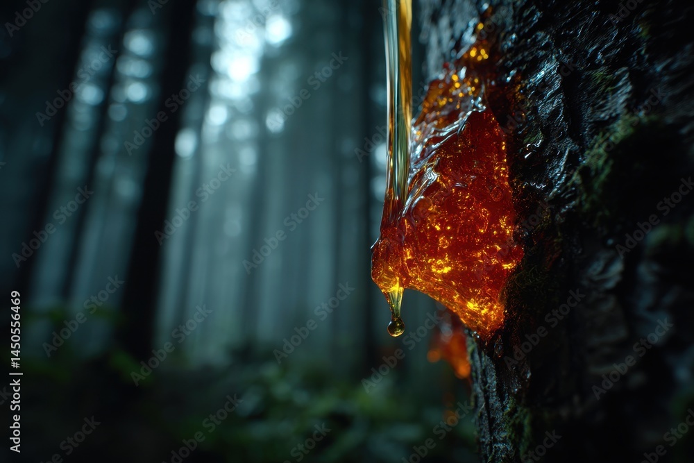 Poster close-up of amber tree resin dripping from a tree trunk, with bokeh background creating a tranquil w