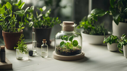 A serene image of a terrarium among various potted plants. This image is perfect for use in a blog article or a website header related to gardening or nature.