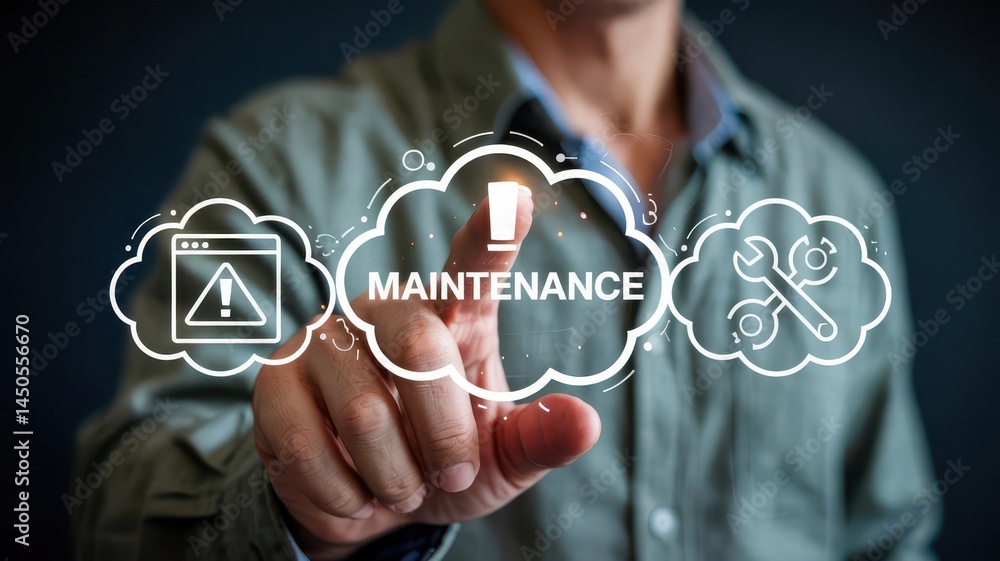 Poster a person interacts with a maintenance notification interface.