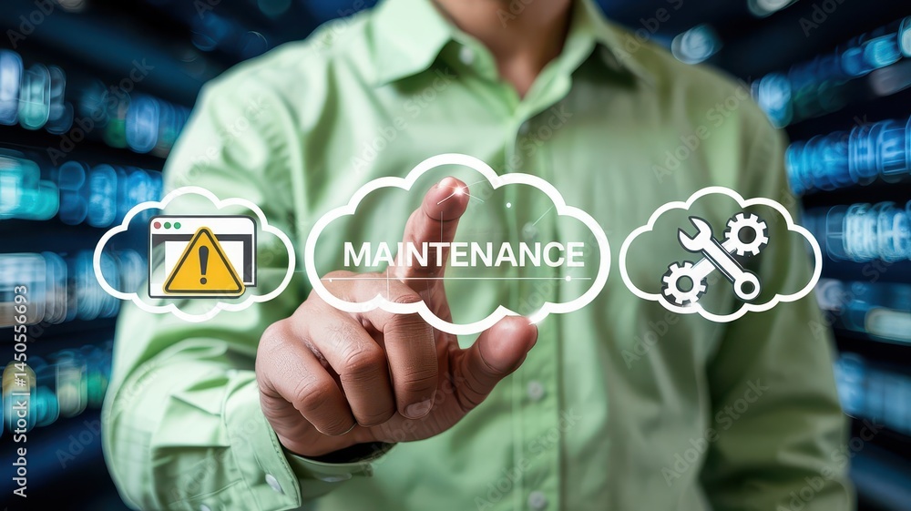 Poster a person interacting with a maintenance interface on a digital screen.