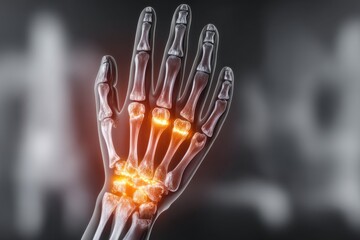 Naklejka premium Anatomical illustration depicting hand pain, highlighting inflammation of the joints, rendering medical condition, for educational and healthcare purposes.