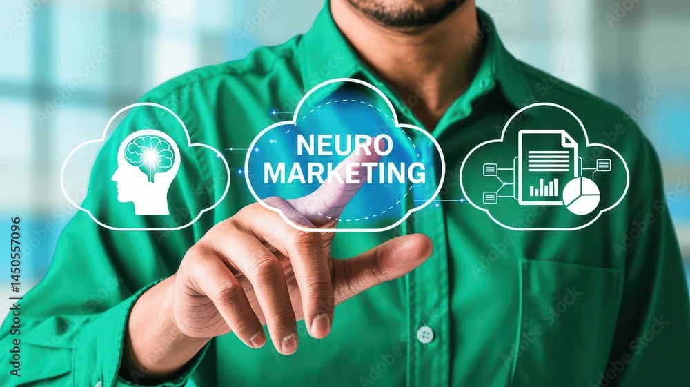 Poster a person interacts with a digital display showing neuro marketing concepts.