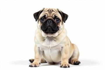 Obraz premium Adorable pug dog sits, isolated on white background, animal, brown, domestic