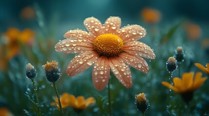 Orange Daisy with Water Droplets in a Garden