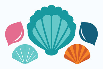 Vector illustration of a collection of various colored seashells on white background